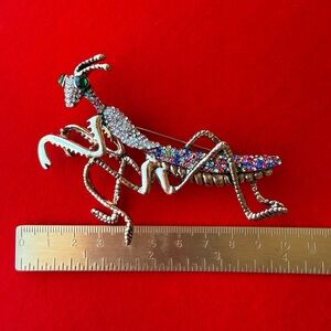 American Vintage Multicolor and Green Crystal Praying Mantis Brooch